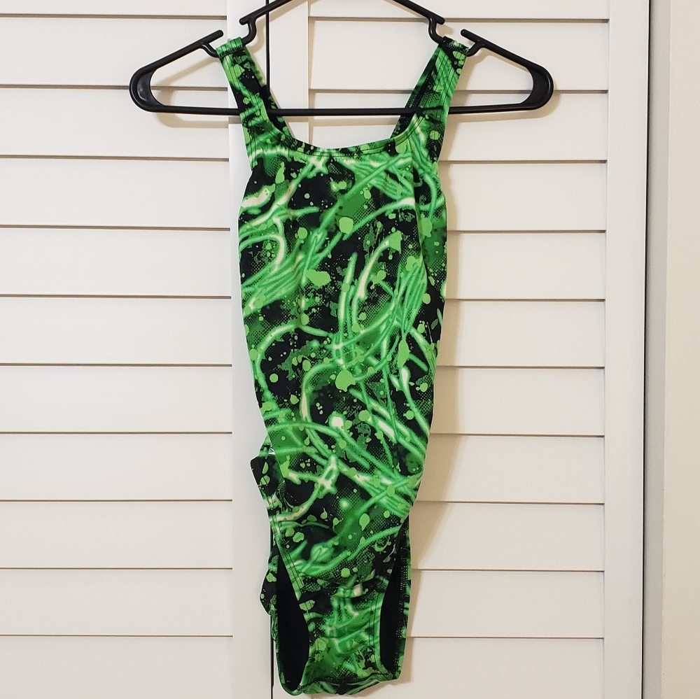 Speedo Women's Swimsuit Racerback One Pice Black Green Designs Size 6/32